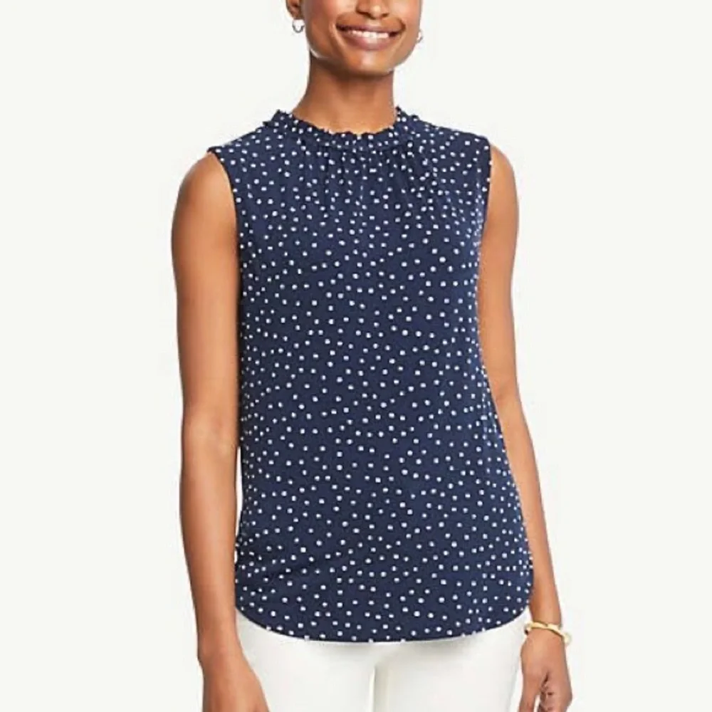Sleeveless Ruffle Mockneck Polka Dot Tank Blouse in White / Navy - Picture 1 of 6